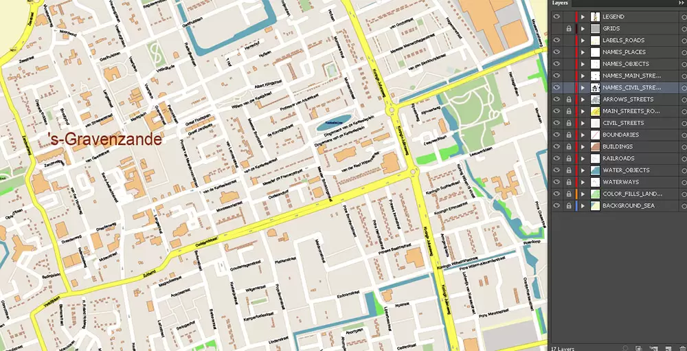 Den Haag (The Hague) + Delft Netherlands PDF City Vector Map Exact High Detailed editable Adobe PDF Street Map in layers