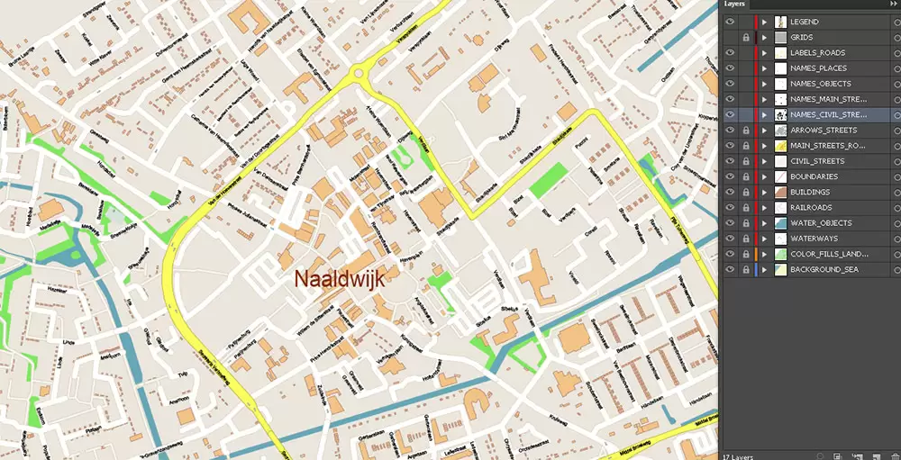 Den Haag (The Hague) + Delft Netherlands PDF City Vector Map Exact High Detailed editable Adobe PDF Street Map in layers