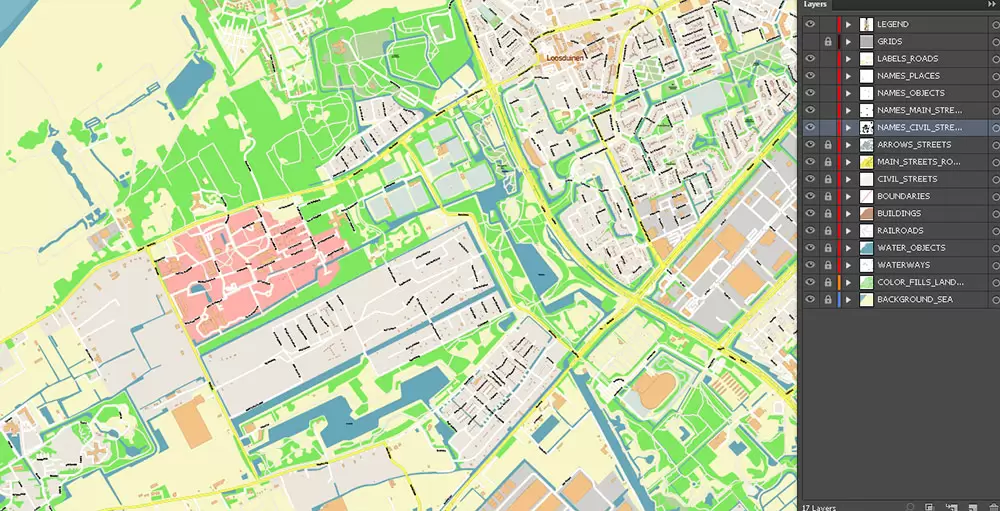 Den Haag (The Hague) + Delft Netherlands PDF City Vector Map Exact High Detailed editable Adobe PDF Street Map in layers