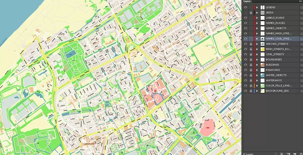 Den Haag (The Hague) + Delft Netherlands PDF City Vector Map Exact High Detailed editable Adobe PDF Street Map in layers