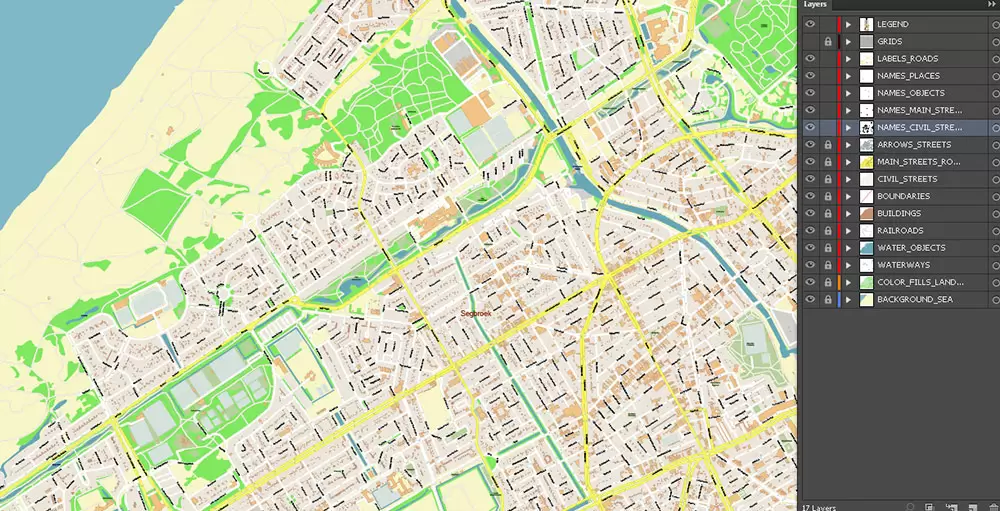 Den Haag (The Hague) + Delft Netherlands PDF City Vector Map Exact High Detailed editable Adobe PDF Street Map in layers