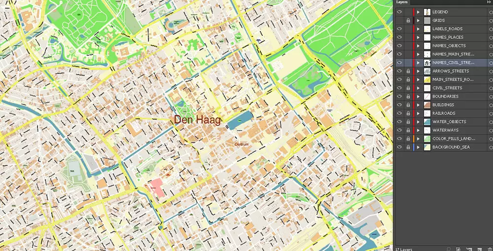 Den Haag (The Hague) + Delft Netherlands PDF City Vector Map Exact High Detailed editable Adobe PDF Street Map in layers