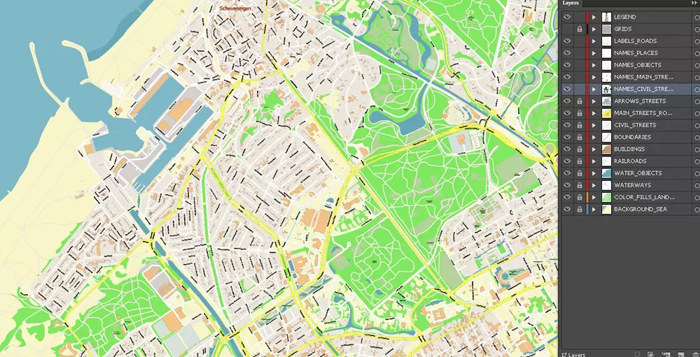 Den Haag (The Hague) + Delft Netherlands PDF City Vector Map Exact High Detailed editable Adobe PDF Street Map in layers