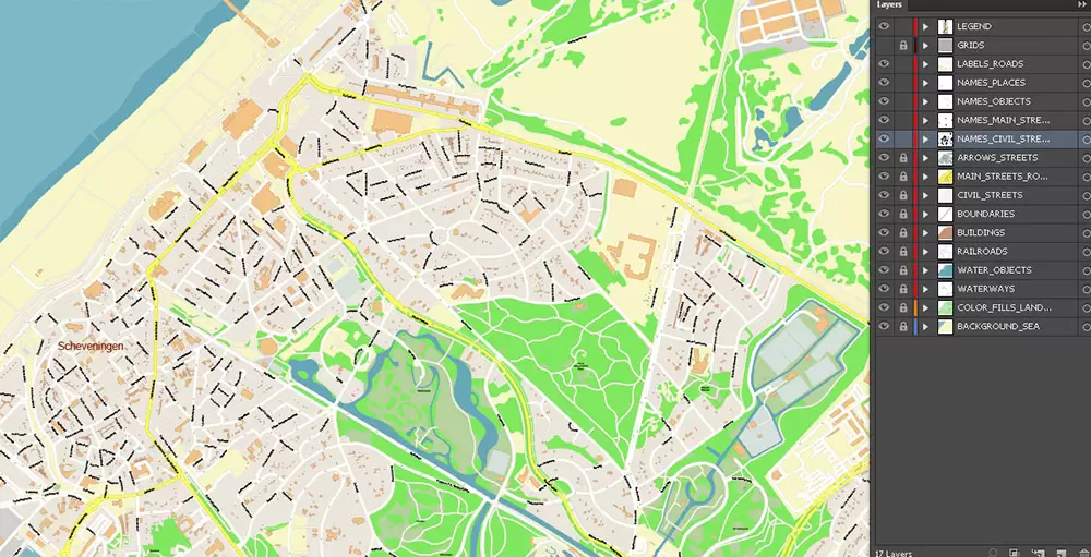 Den Haag (The Hague) + Delft Netherlands PDF City Vector Map Exact High Detailed editable Adobe PDF Street Map in layers