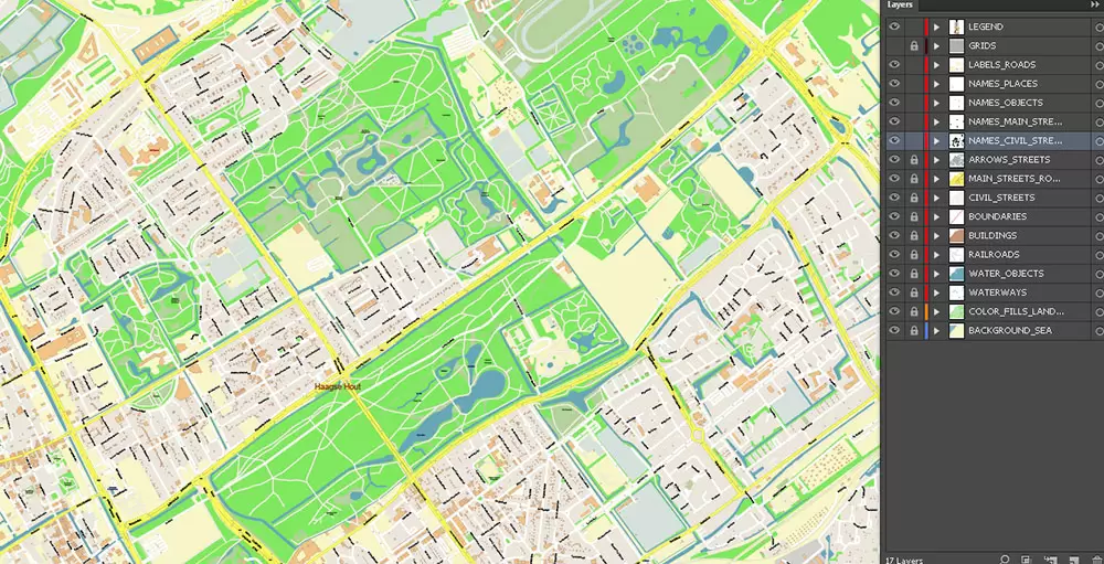 Den Haag (The Hague) + Delft Netherlands PDF City Vector Map Exact High Detailed editable Adobe PDF Street Map in layers