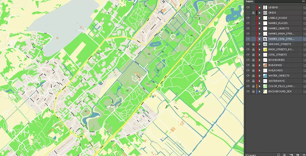 Den Haag (The Hague) + Delft Netherlands PDF City Vector Map Exact High Detailed editable Adobe PDF Street Map in layers