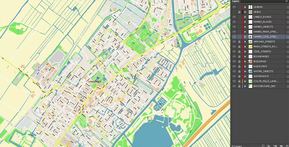 Den Haag (The Hague) + Delft Netherlands PDF City Vector Map Exact High Detailed editable Adobe PDF Street Map in layers