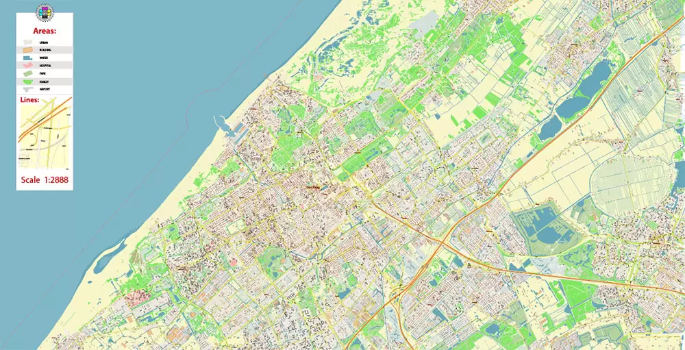 Den Haag (The Hague) + Delft Netherlands PDF City Vector Map Exact High Detailed editable Adobe PDF Street Map in layers