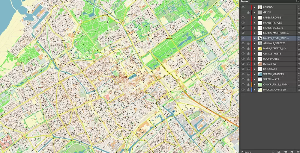 Den Haag (The Hague) + Delft Netherlands PDF City Vector Map Exact High Detailed editable Adobe PDF Street Map in layers