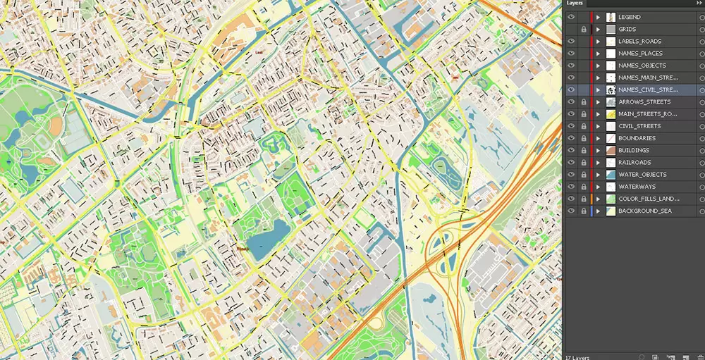 Den Haag (The Hague) + Delft Netherlands PDF City Vector Map Exact High Detailed editable Adobe PDF Street Map in layers