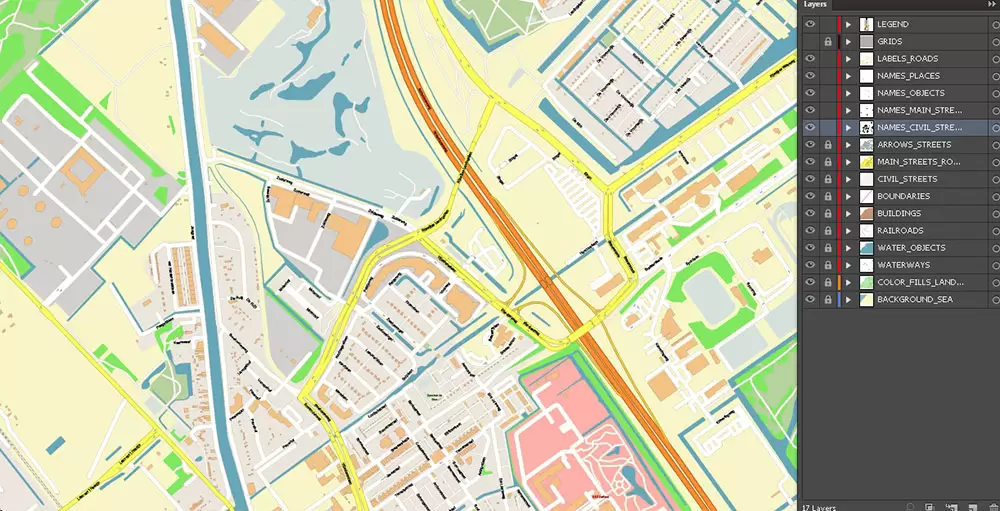 Den Haag (The Hague) + Delft Netherlands PDF City Vector Map Exact High Detailed editable Adobe PDF Street Map in layers