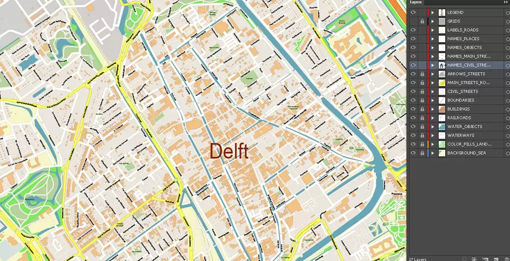 Den Haag (The Hague) + Delft Netherlands PDF City Vector Map Exact High Detailed editable Adobe PDF Street Map in layers