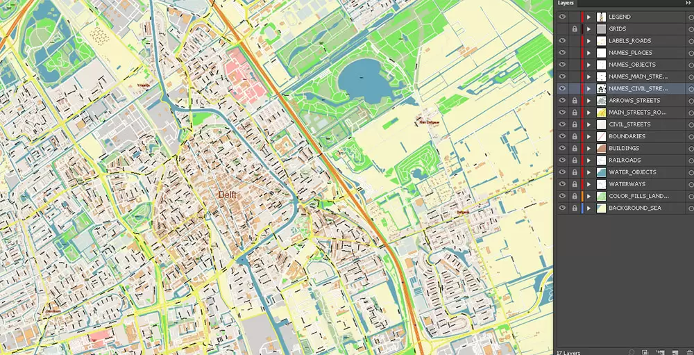 Den Haag (The Hague) + Delft Netherlands PDF City Vector Map Exact High Detailed editable Adobe PDF Street Map in layers