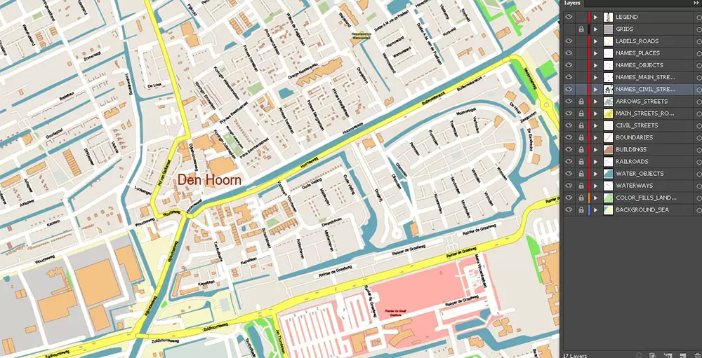 Den Haag (The Hague) + Delft Netherlands PDF City Vector Map Exact High Detailed editable Adobe PDF Street Map in layers