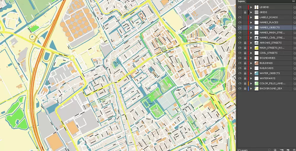 Den Haag (The Hague) + Delft Netherlands PDF City Vector Map Exact High Detailed editable Adobe PDF Street Map in layers