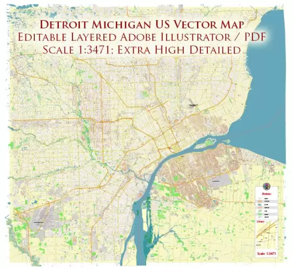 Detroit Michigan US City Vector Map Exact High Detailed Urban Plan editable Adobe Illustrator Street Map in layers