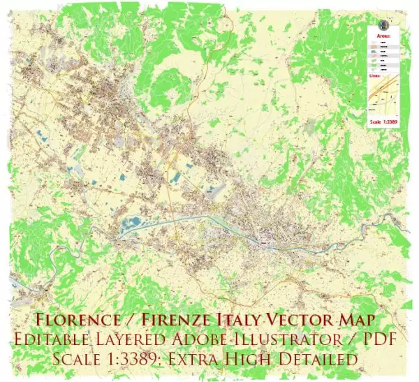 Florence Firenze Italy City Vector Map Exact High Detailed editable Adobe Illustrator Street Map in layers