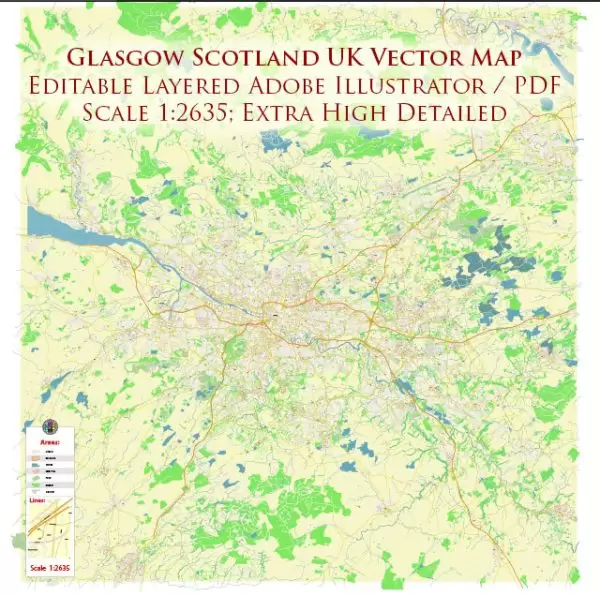 Glasgow Scotland UK City Vector Map Exact High Detailed editable Adobe Illustrator Street Map in layers