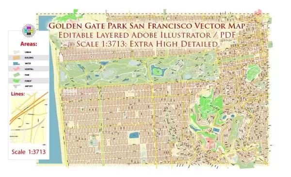 Golden Gate Park San Francisco US City Vector Map Exact High Detailed editable Adobe Illustrator Street Map in layers