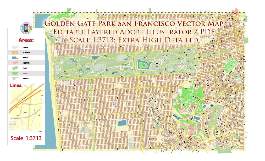 Golden Gate Park San Francisco US City Vector Map Exact High Detailed editable Adobe Illustrator Street Map in layers