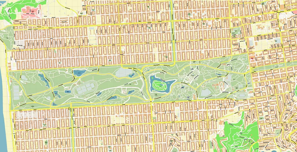 Golden Gate Park San Francisco US City Vector Map Exact High Detailed editable Adobe Illustrator Street Map in layers