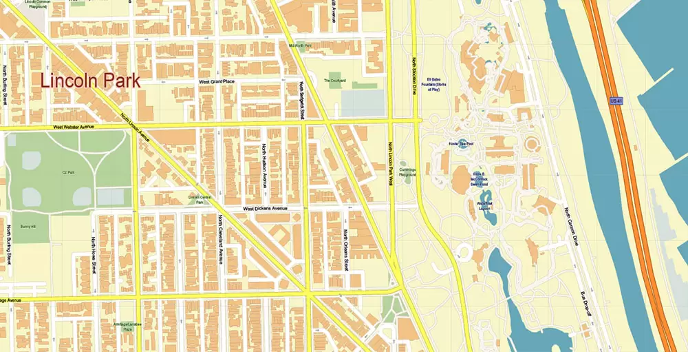 Lincoln Park Chicago Illinois US PDF City Vector Map Exact High Detailed editable Adobe PDF Street Map in layers