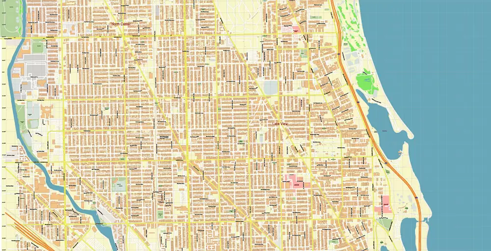 Lincoln Park Chicago Illinois US PDF City Vector Map Exact High Detailed editable Adobe PDF Street Map in layers