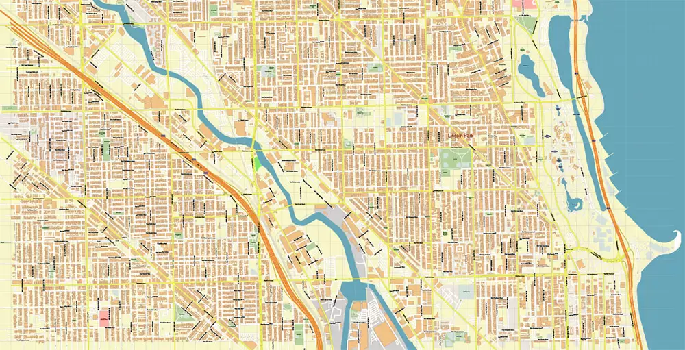 Lincoln Park Chicago Illinois US PDF City Vector Map Exact High Detailed editable Adobe PDF Street Map in layers