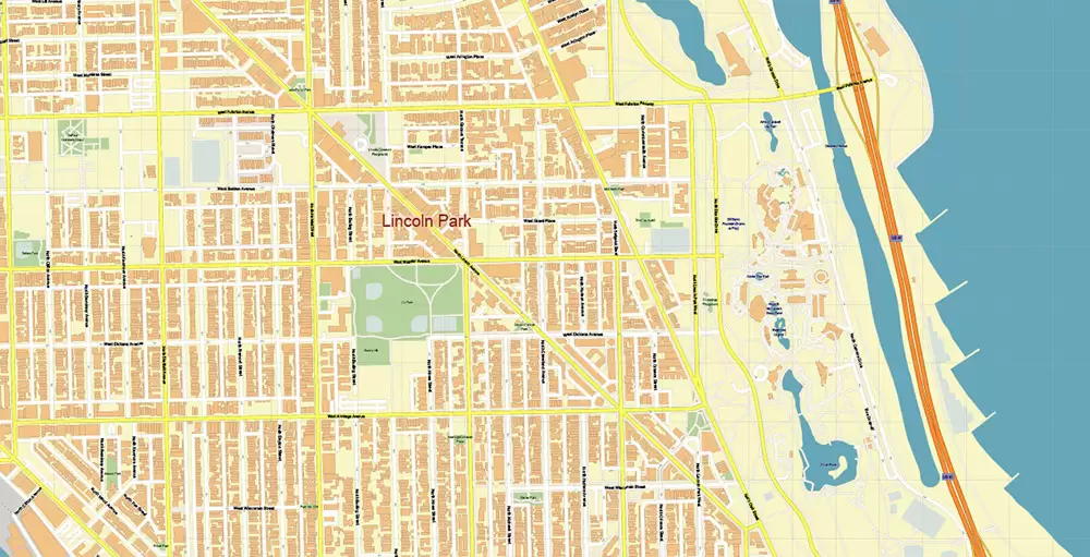 Lincoln Park Chicago Illinois US PDF City Vector Map Exact High Detailed editable Adobe PDF Street Map in layers