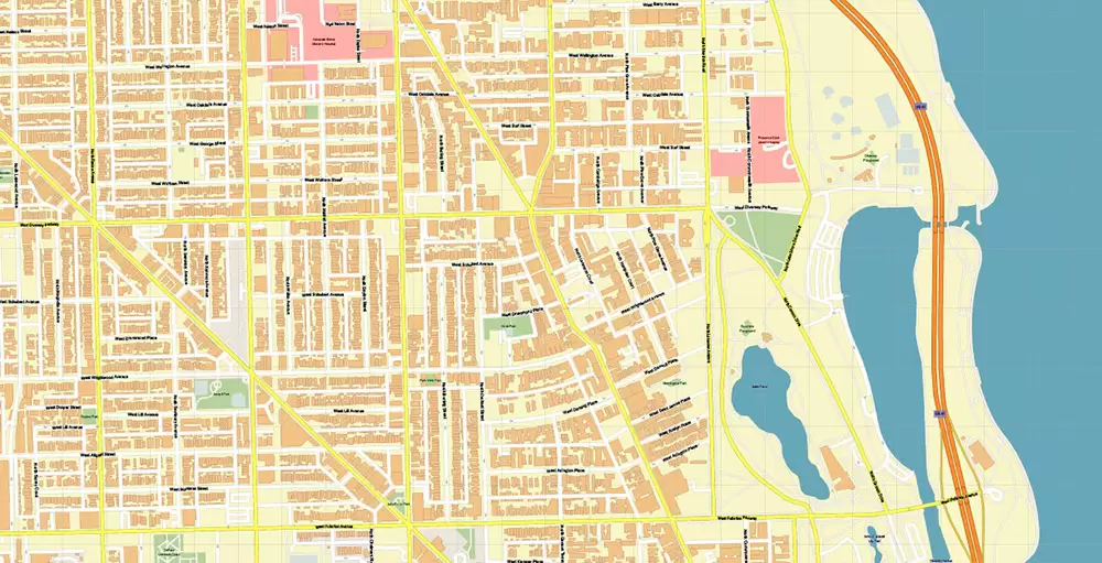 Lincoln Park Chicago Illinois US PDF City Vector Map Exact High Detailed editable Adobe PDF Street Map in layers
