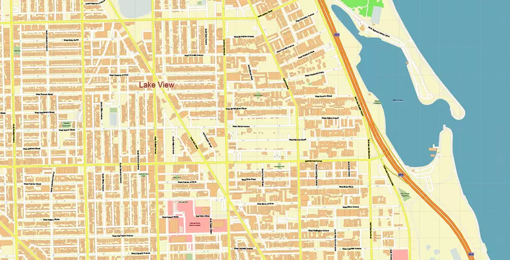 Lincoln Park Chicago Illinois US PDF City Vector Map Exact High Detailed editable Adobe PDF Street Map in layers