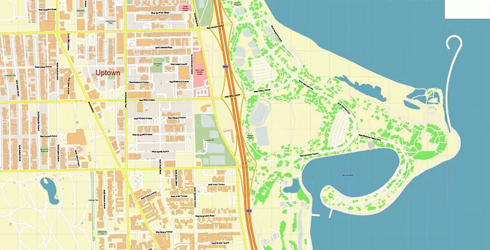 Lincoln Park Chicago Illinois US PDF City Vector Map Exact High Detailed editable Adobe PDF Street Map in layers