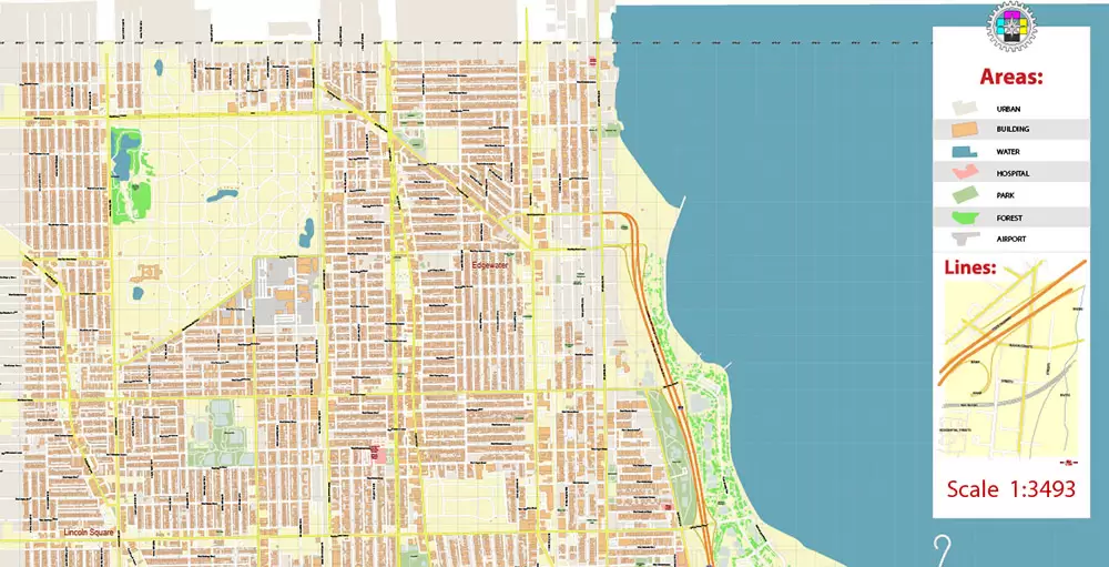 Lincoln Park Chicago Illinois US PDF City Vector Map Exact High Detailed editable Adobe PDF Street Map in layers