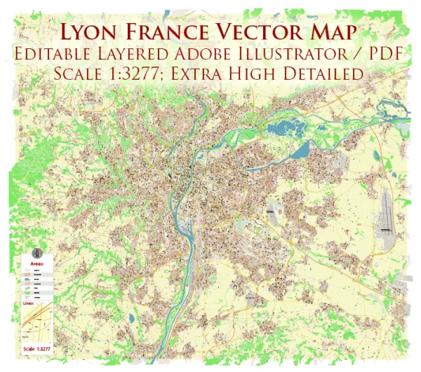Lyon France City Vector Map Exact High Detailed editable Adobe Illustrator Street Map in layers