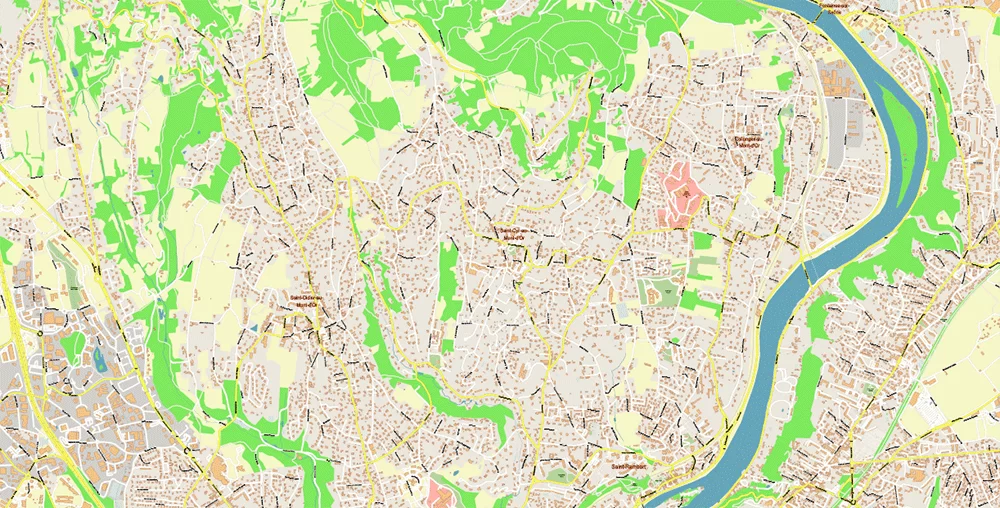 Lyon France City Vector Map Exact High Detailed editable Adobe Illustrator Street Map in layers