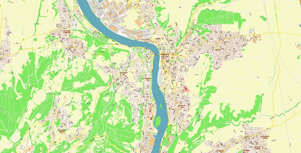 Lyon France City Vector Map Exact High Detailed editable Adobe Illustrator Street Map in layers