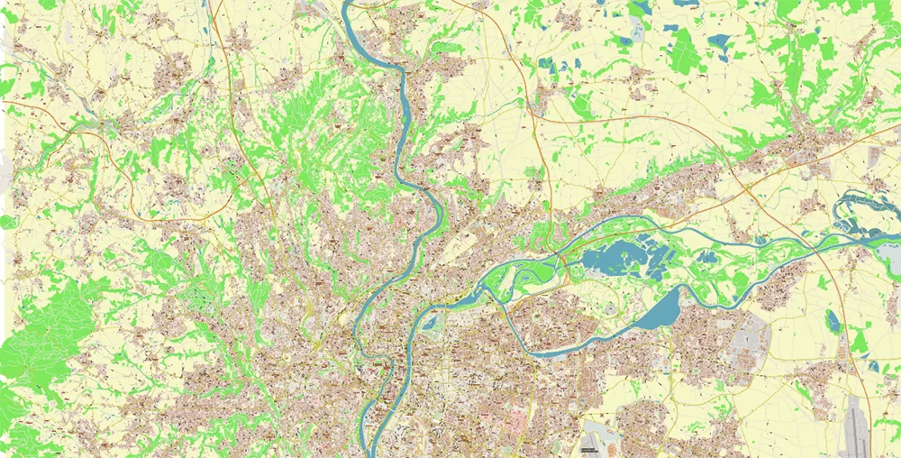 Lyon France City Vector Map Exact High Detailed editable Adobe Illustrator Street Map in layers
