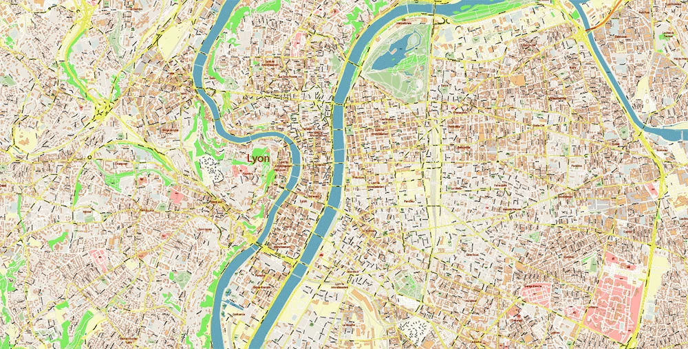 Lyon France City Vector Map Exact High Detailed editable Adobe Illustrator Street Map in layers
