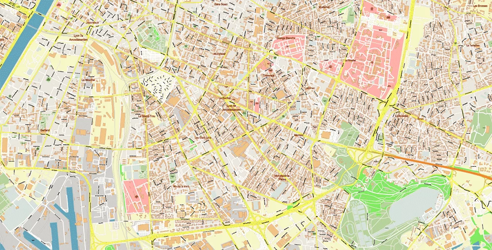 Lyon France City Vector Map Exact High Detailed editable Adobe Illustrator Street Map in layers