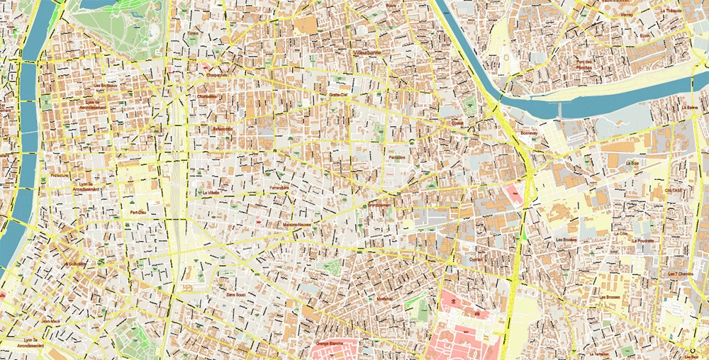 Lyon France City Vector Map Exact High Detailed editable Adobe Illustrator Street Map in layers