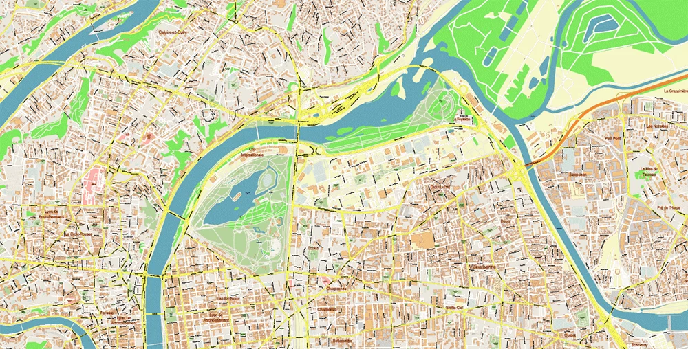 Lyon France City Vector Map Exact High Detailed editable Adobe Illustrator Street Map in layers