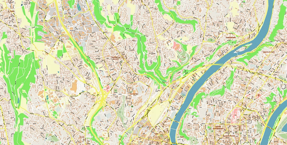 Lyon France City Vector Map Exact High Detailed editable Adobe Illustrator Street Map in layers