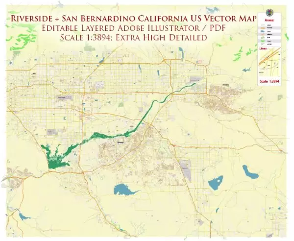 Riverside + San Bernardino California US City Vector Map Exact High Detailed Urban Plan editable Adobe Illustrator Street Map in layers