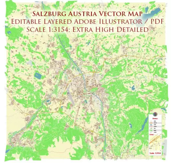Salzburg Austria City Vector Map Exact High Detailed editable Adobe Illustrator Street Map in layers