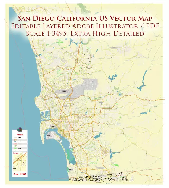 San Diego California US City Vector Map Exact High Detailed Urban Plan editable Adobe Illustrator Street Map in layers