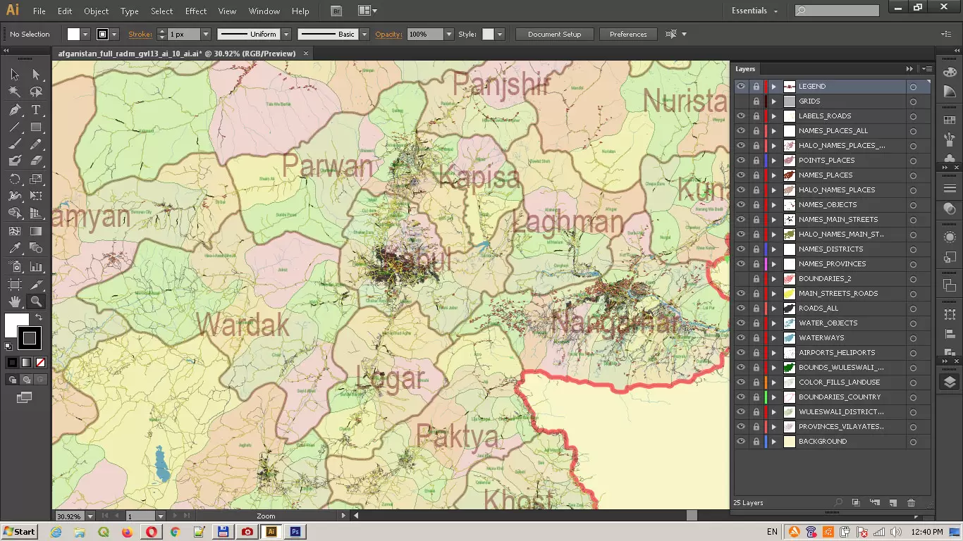 Afghanistan Full Map Vector Exact High Detailed: All Roads All Cities + Admin areas editable Adobe Illustrator Road Map in layers