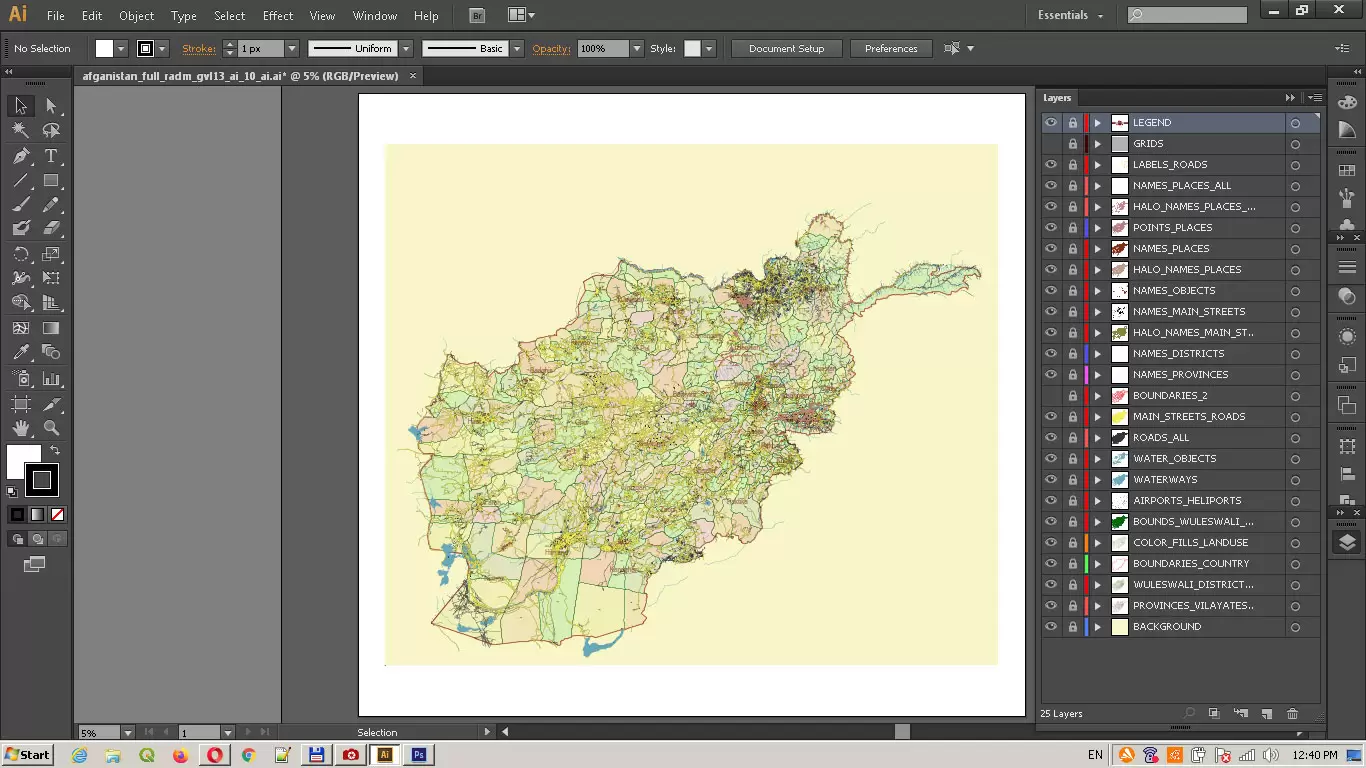 Afghanistan Full Map Vector Exact High Detailed: All Roads All Cities + Admin areas editable Adobe Illustrator Road Map in layers