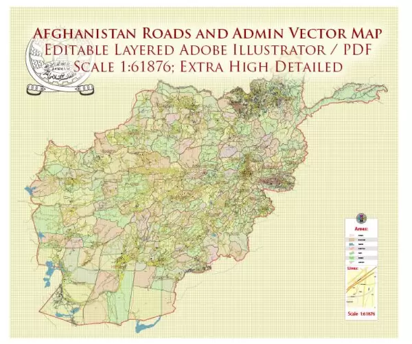 Afghanistan Full Map Vector Exact High Detailed: All Roads All Cities + Admin areas editable Adobe Illustrator Road Map in layers