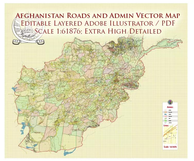Afghanistan Full Map Vector Exact High Detailed: All Roads All Cities + Admin areas editable Adobe Illustrator Road Map in layers