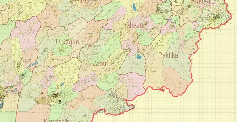 Afghanistan Full Map Vector Exact High Detailed: All Roads All Cities + Admin areas editable Adobe Illustrator Road Map in layers